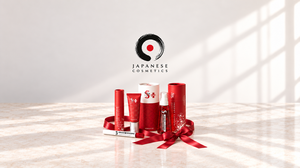 Japanese Cosmetics – zestaw kosmetyków Spa Treatment z czerwoną satynową kokardą na jasnym tle.