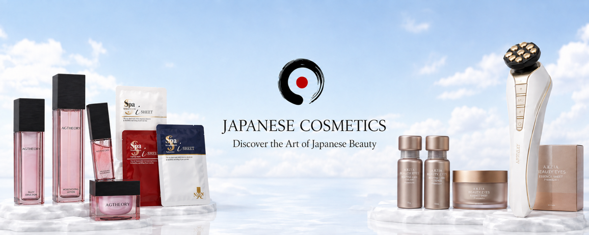 Japanese Cosmetics About Us banner featuring AGTheory, Spa Treatment and AXXZIA skincare products with a white Dr. Arrivo Zeus IV device against a bright blue sky.
